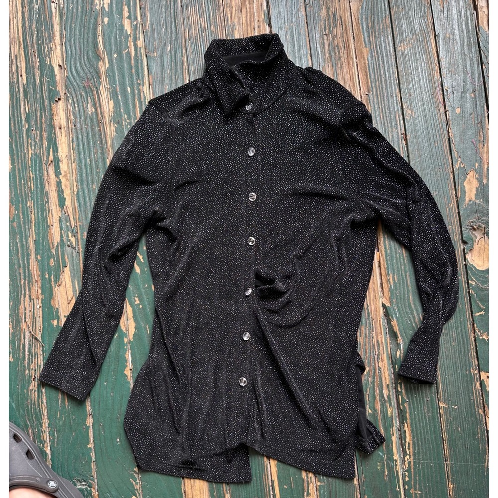 Softwear by Mark Singer Black Silver Metallic Dot Button Down Shirt High Collar